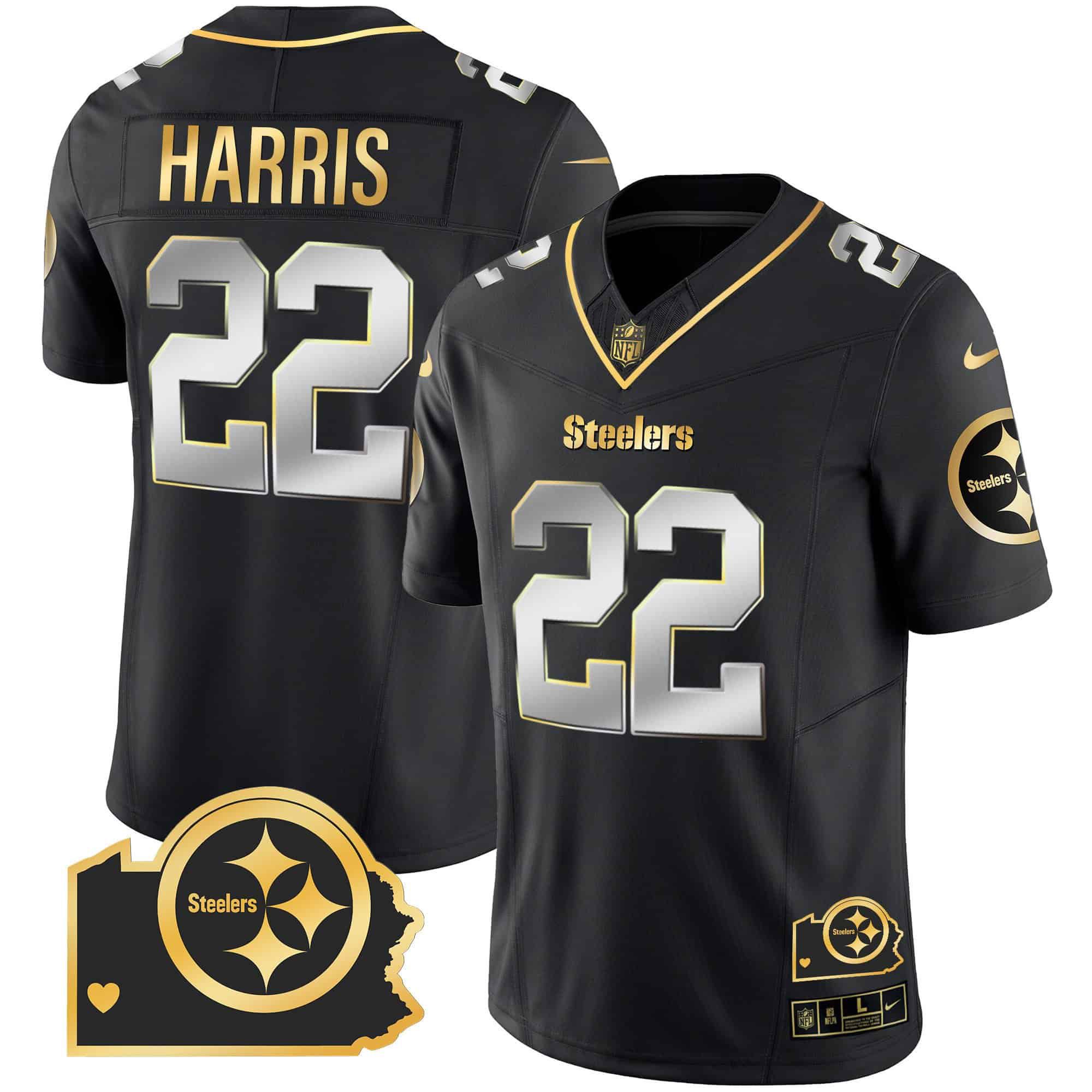 Men Pittsburgh Steelers #22 Harris Black Gold 2024 Nike Home Patch Vapor Limited NFL Jersey style 1